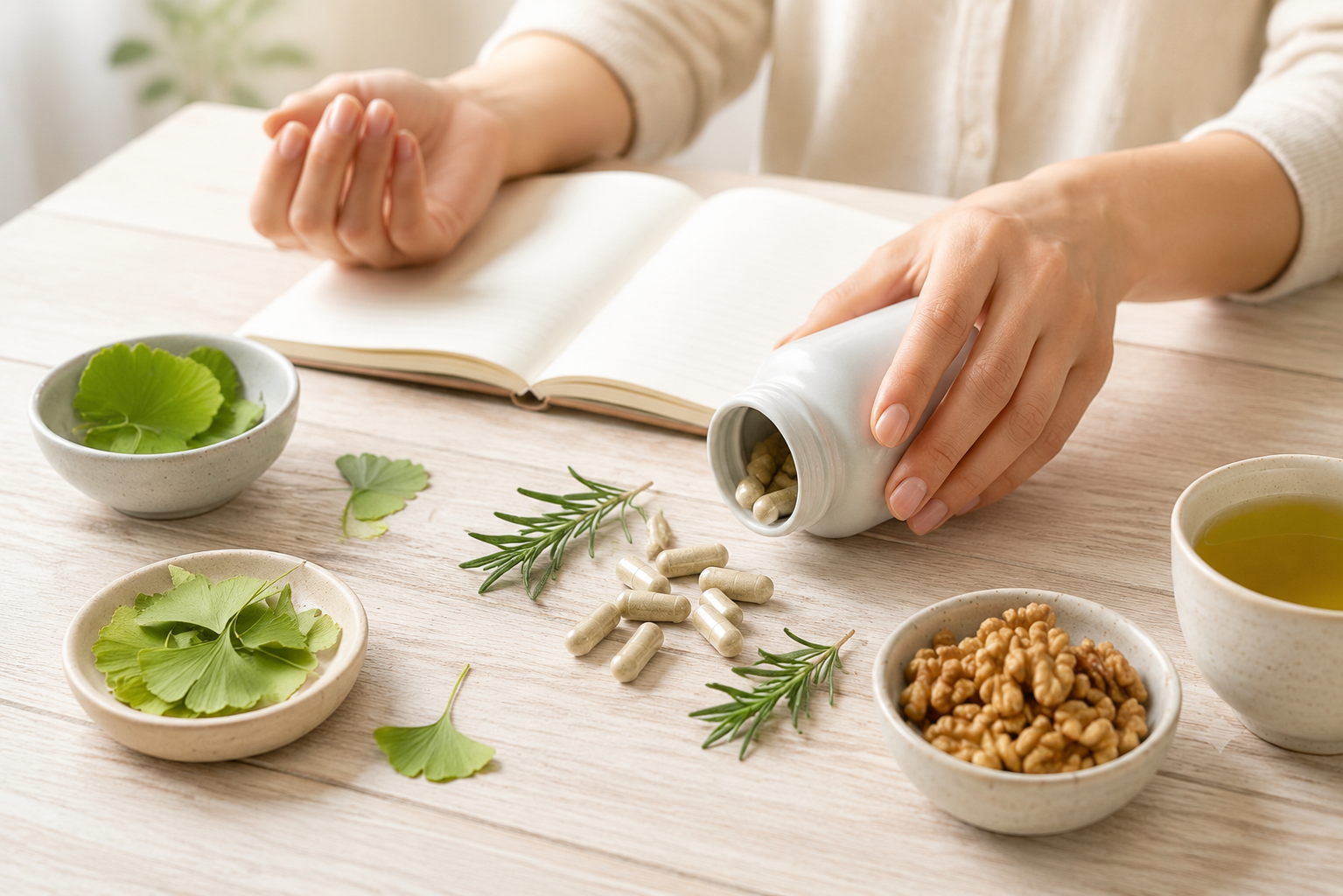 Supplement capsules alongside ginkgo leaves and other natural ingredients